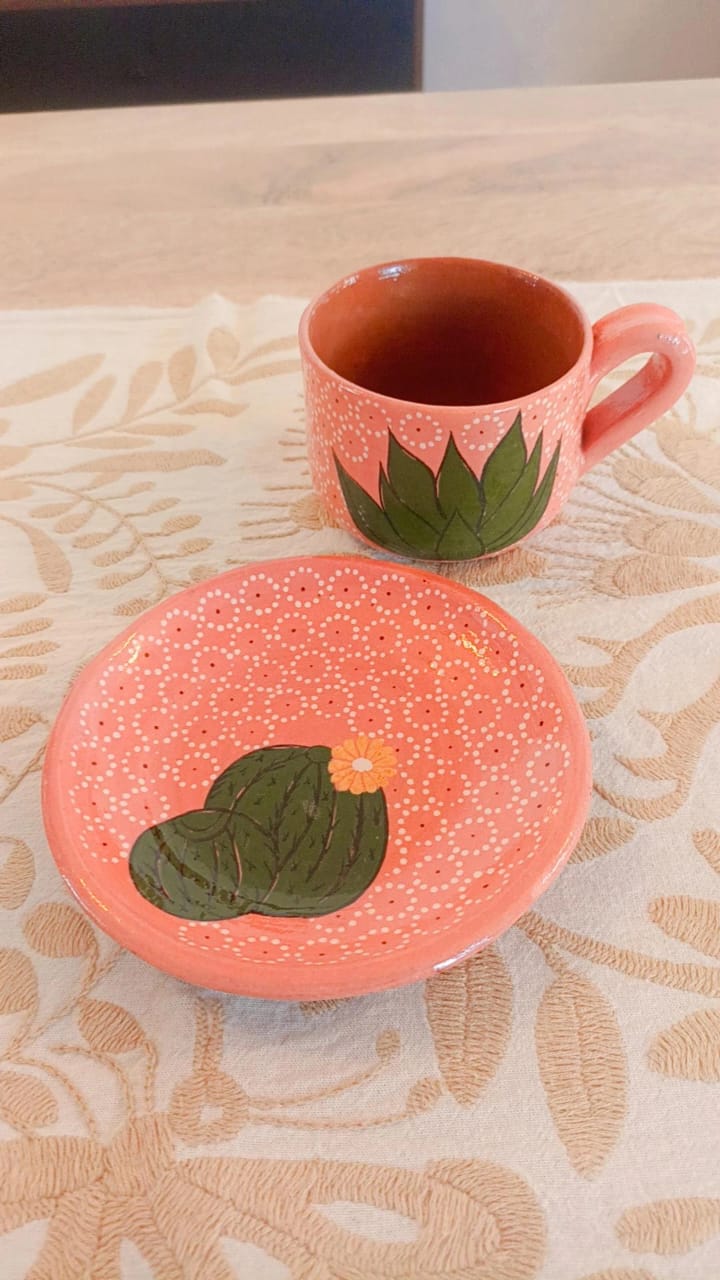 Juego de taza y plato rosa colección suculentas