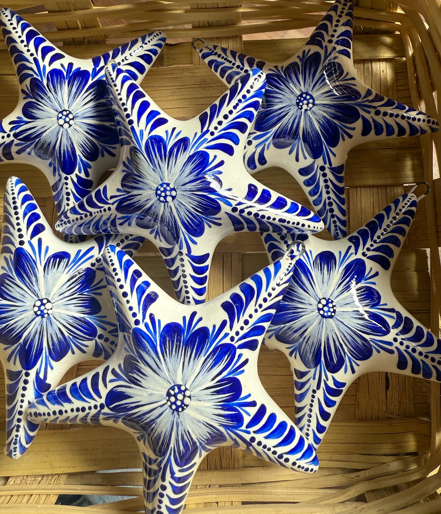 Set de 6 esferas de estrellas de florecitas azul Navidad Tonalá