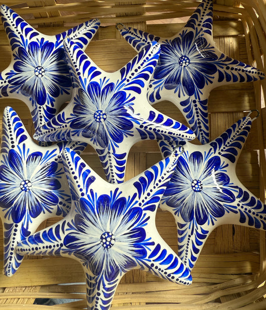 Set de 6 esferas de estrellas de florecitas azul Navidad Tonalá