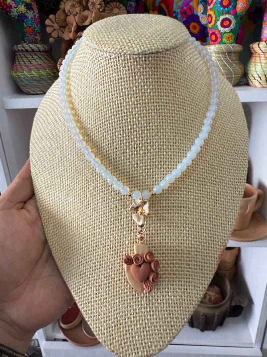 Collar de corazón de barro bordado Atzompa joyería