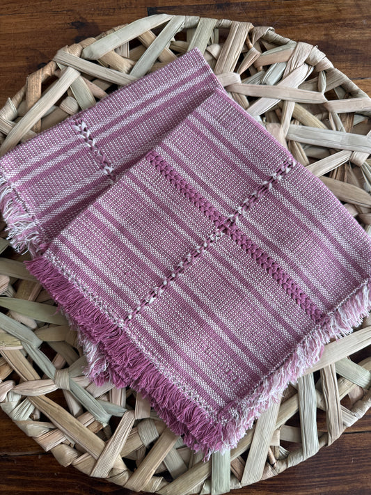Par de Servilleta deshilada rosa mesa con blanco de telar de pedal
