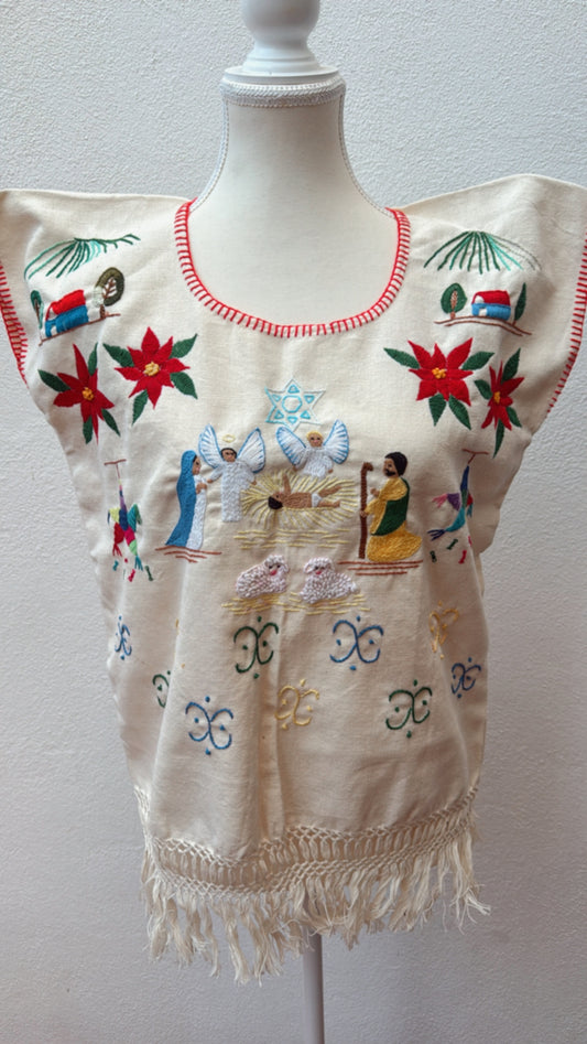 Blusa talla mediana de Navidad color beige Tzintzuntzan mujer