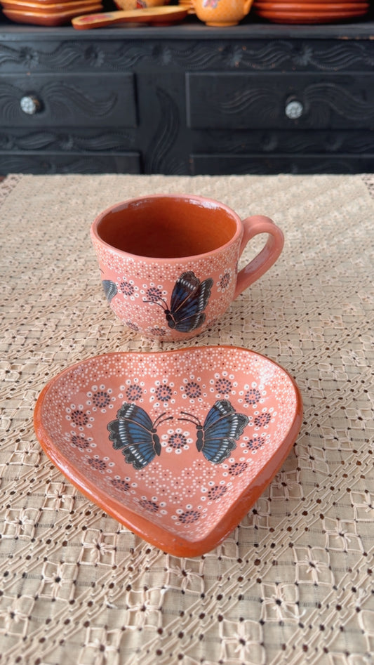 Juego de taza y plato de mariposa monarca azul chocolatera primavera para mamá
