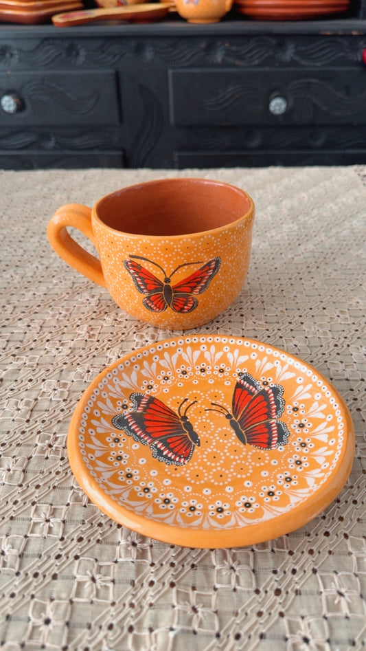 Juego de taza y plato de mariposa monarca chocolatera primavera para mamá