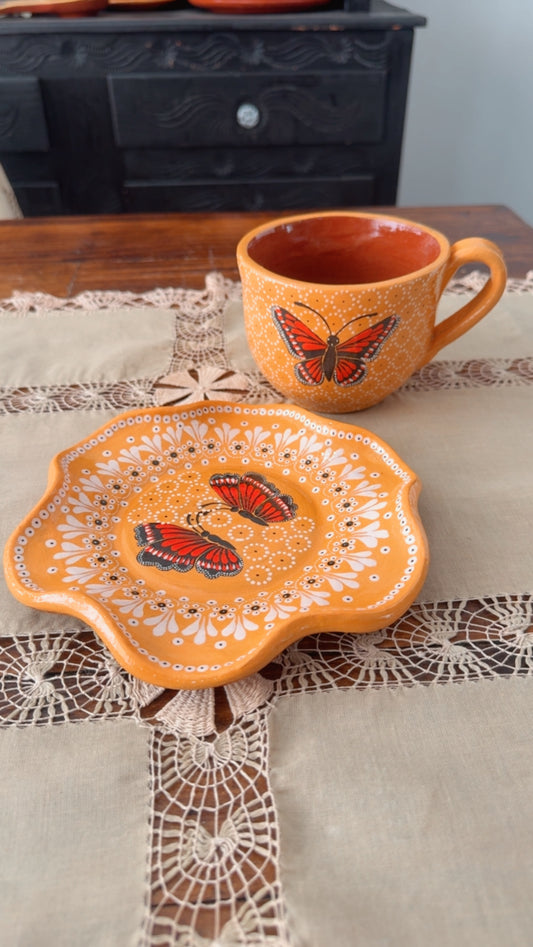 Juego de taza y plato de mariposa monarca chocolatera primavera Colors