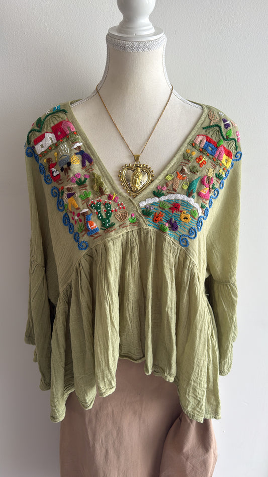 Blusa Unitalla de historias verde manzana Tzintzuntzan mujer