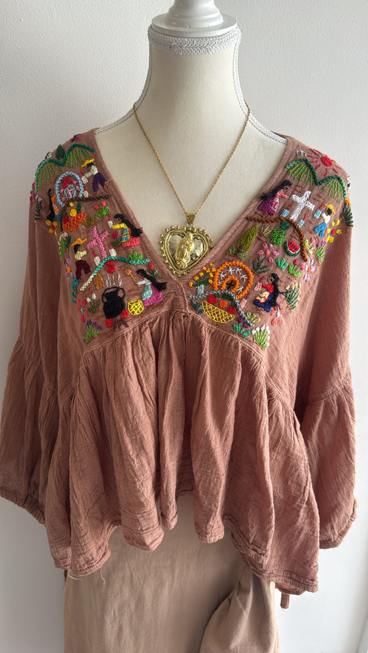 Blusa Unitalla de historias beige Tzintzuntzan mujer